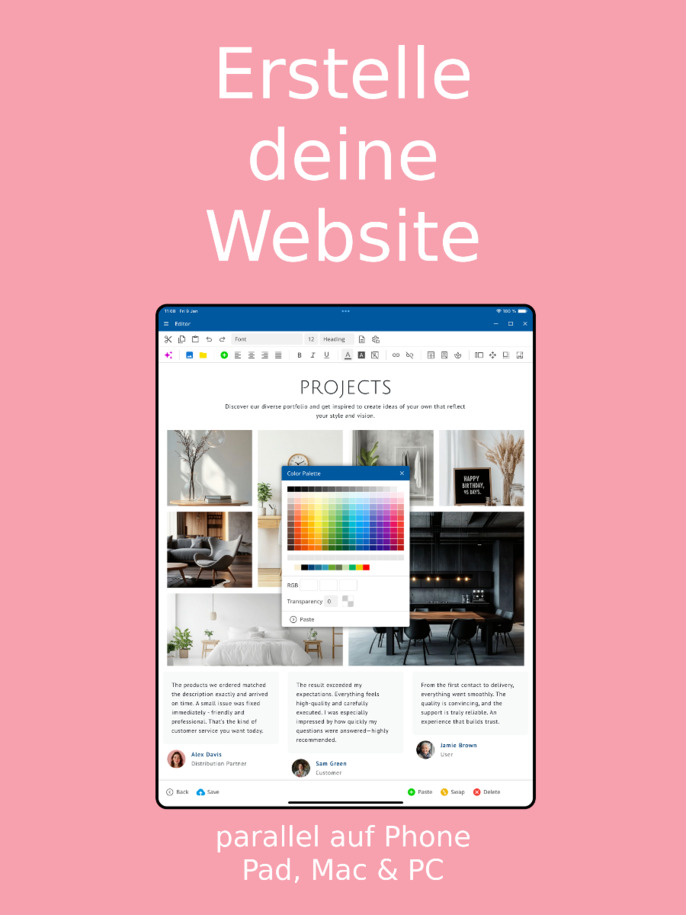 Website Builder App - Website erstellen per App auf iOS und Android – Tablet Ansicht