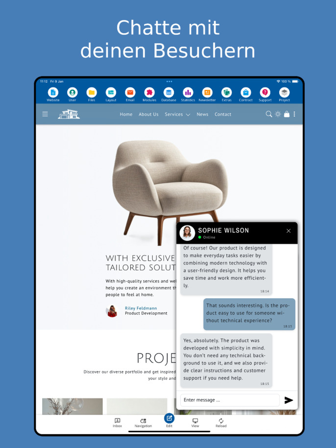 Chat mit Besuchern in der Website Builder App – Tablet Ansicht