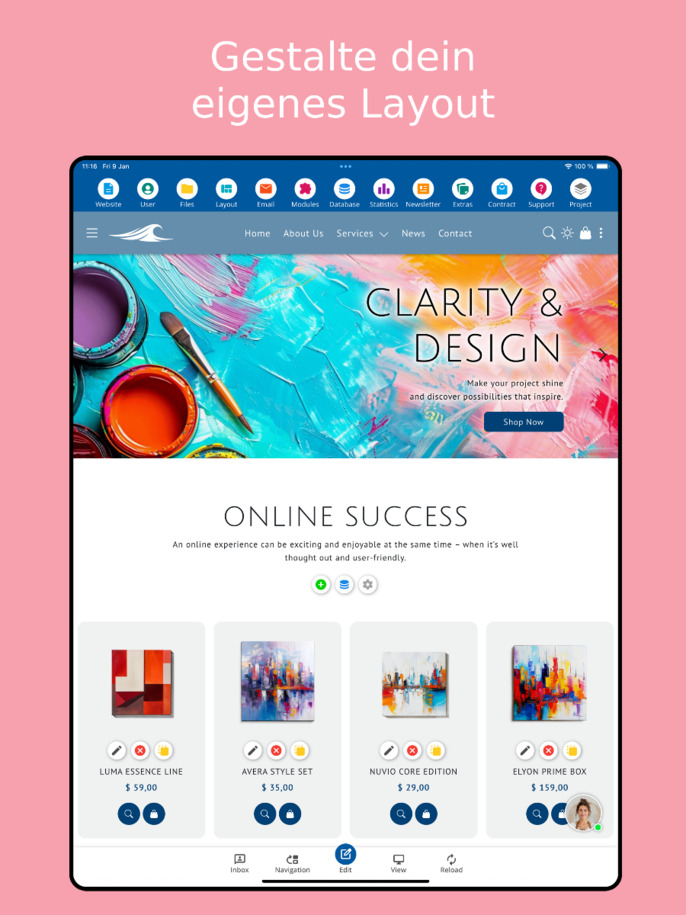 Layout Editor der Website Builder App – Tablet Ansicht
