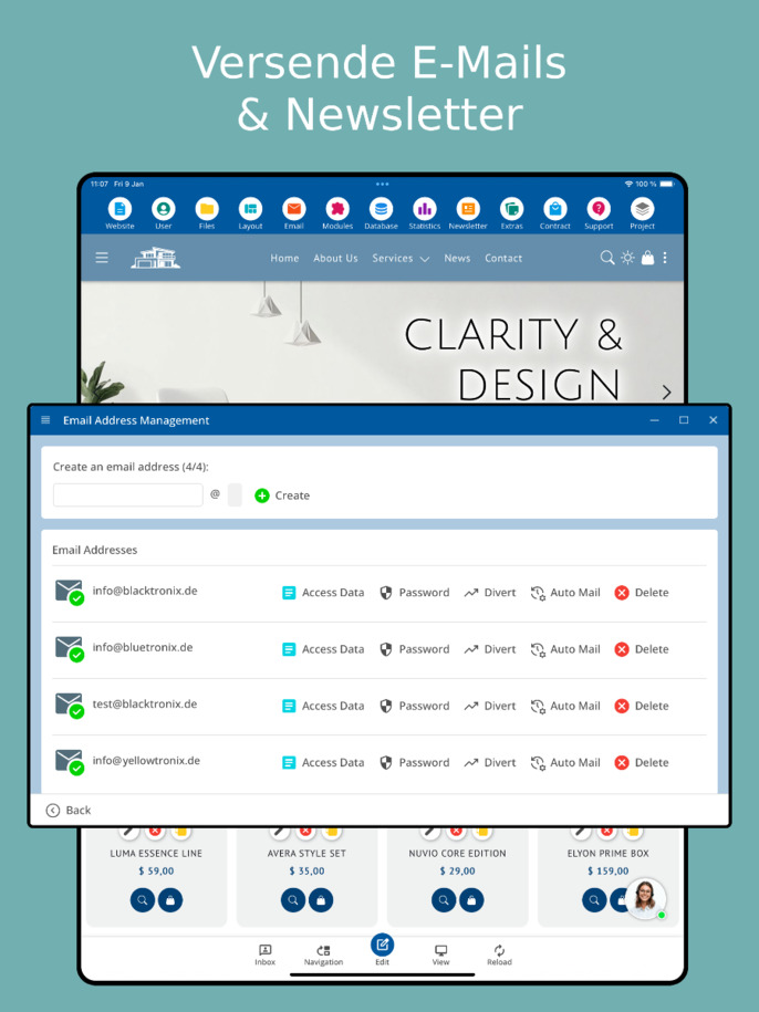 Newsletter Versand über die App – Tablet Ansicht