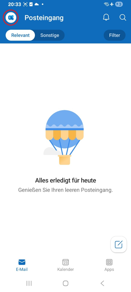Outlook-App mit Startansicht sowie Menü oder Profilbild zum Öffnen der Kontoverwaltung