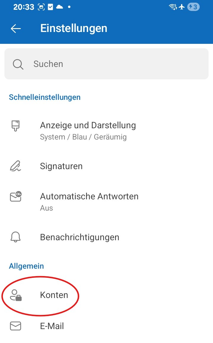 Outlook-App mit geöffnetem Bereich „Konten“