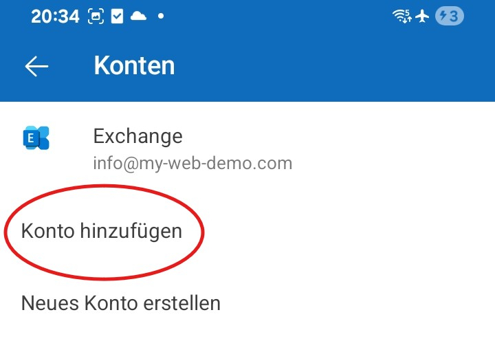 Outlook-App mit Schaltfläche „Konto hinzufügen“