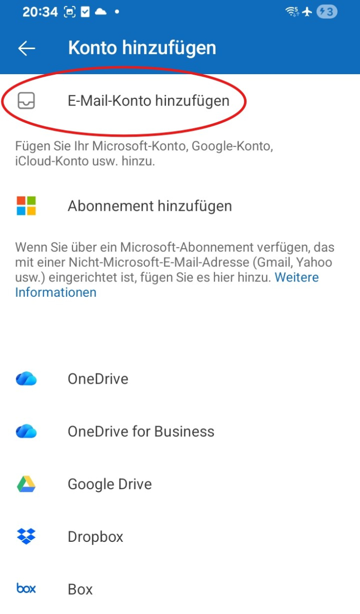 Outlook-App mit Option „E-Mail-Konto hinzufügen“