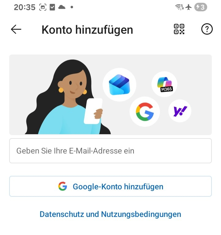 Outlook-App mit Eingabefeld für die E-Mail-Adresse und Schaltfläche „Weiter“