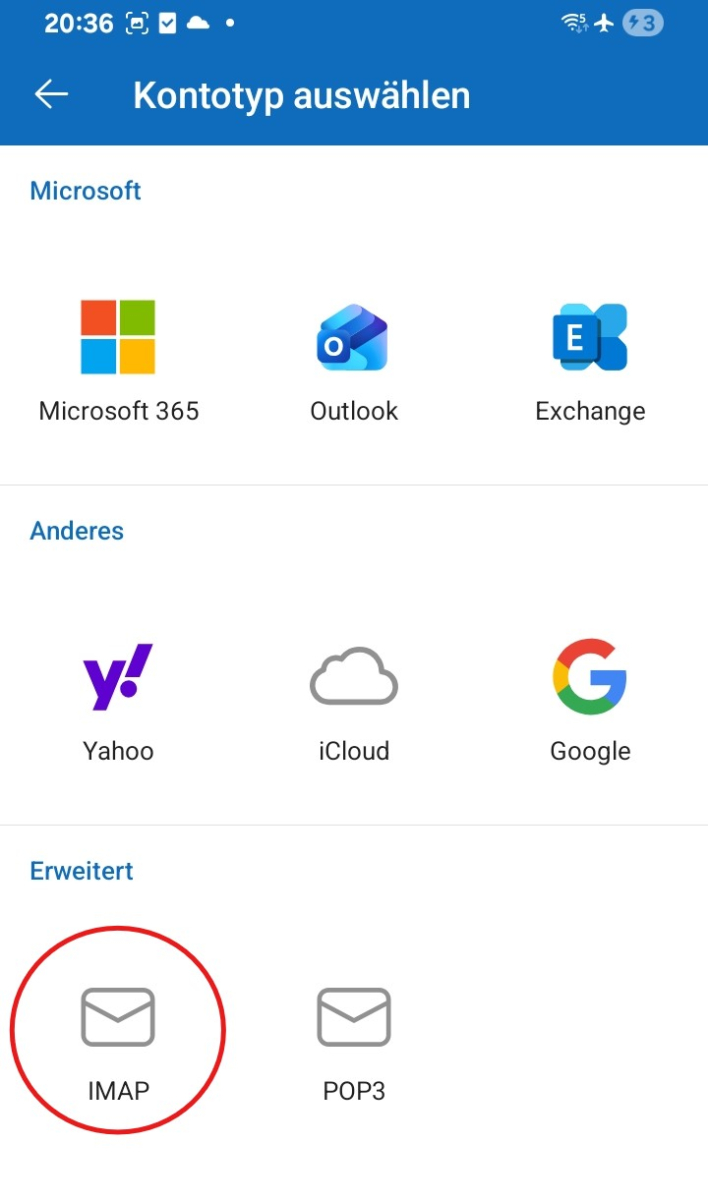 Outlook-App mit Auswahl des Kontotyps „IMAP“