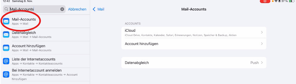 iPad Einstellungen mit Suchergebnis Mail-Accounts