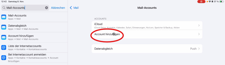 iPad Mail-Accounts Übersicht mit markiertem Eintrag Account hinzufügen