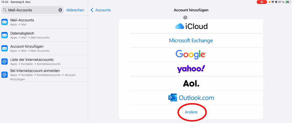 iPad Account hinzufügen mit markierter Option Andere