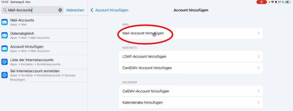 iPad Auswahlmenü Andere mit markiertem Punkt Mail-Account hinzufügen
