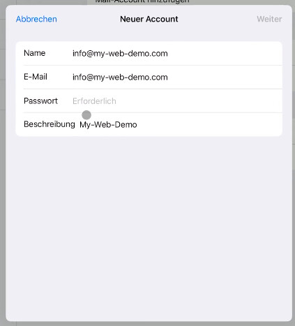 iPad Eingabemaske Neuer Account mit Name, E-Mail, Passwort und Beschreibung