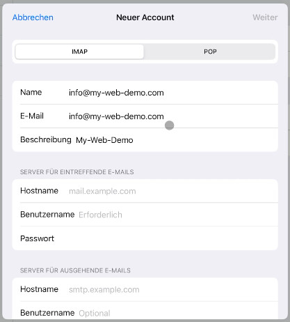 iPad IMAP Eingabemaske mit Feldern für Hostname, Benutzername und Passwort