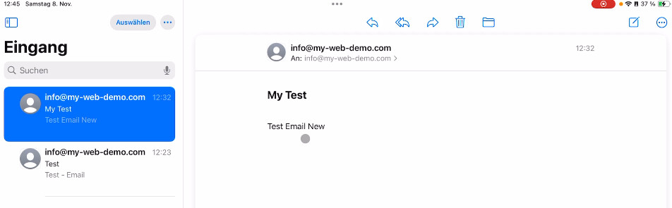 iPad Mail-App mit erfolgreicher Test-E-Mail im Posteingang