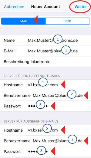iPhone IMAP-Einstellungen mit markierten Feldern für Hostname, Benutzername und Passwort