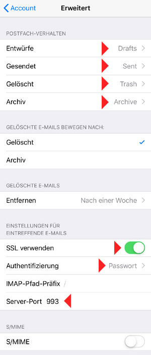 iPhone erweiterte IMAP-Einstellungen mit markiertem SSL-Schalter, Authentifizierung und Server-Port 993
