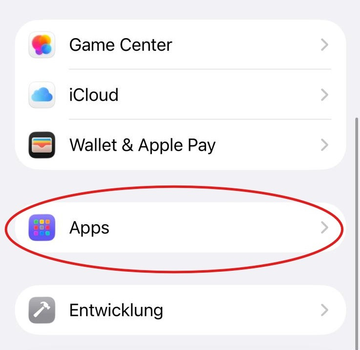 iPhone Einstellungen mit markiertem Menüpunkt Apps