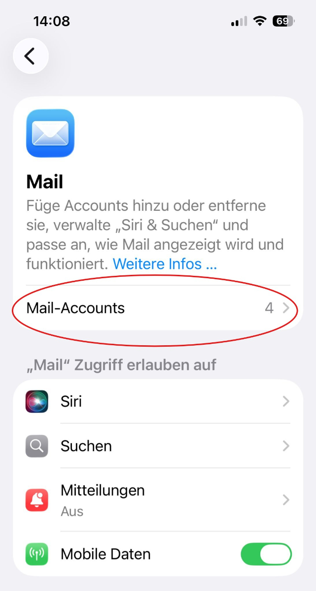 iPhone Mail-Einstellungen mit markiertem Punkt Mail-Accounts