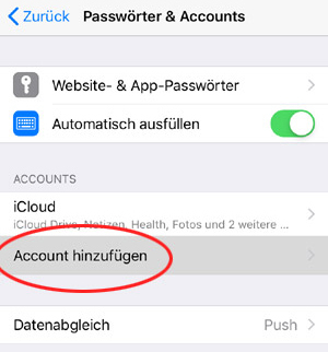 iPhone Account-Übersicht mit markiertem Punkt Account hinzufügen