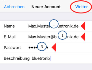 iPhone Formular Neuer Account mit markierten Feldern Name, E-Mail, Passwort und Button Weiter