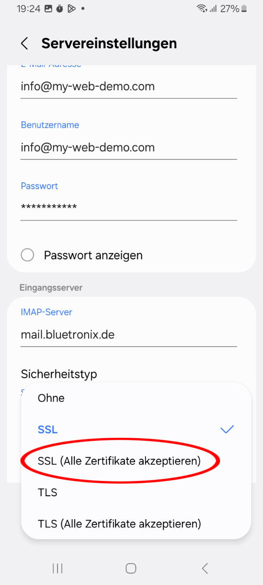 Auswahlliste der Sicherheitstypen bei Samsung E-Mail mit der Option SSL alle Zertifikate akzeptieren