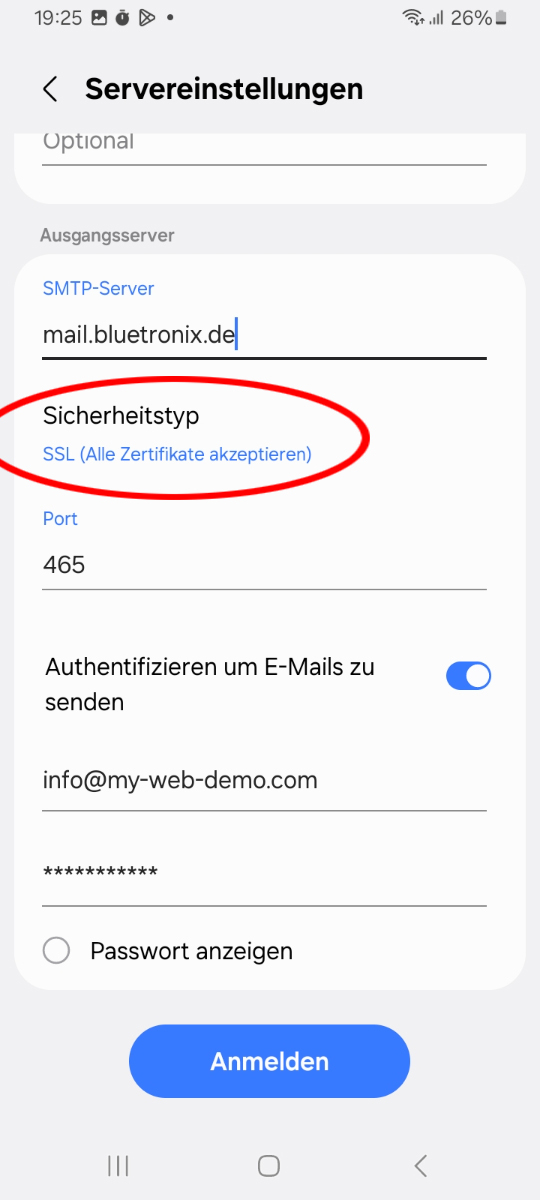 Samsung E-Mail Servereinstellungen mit markiertem Sicherheitstyp SSL alle Zertifikate akzeptieren