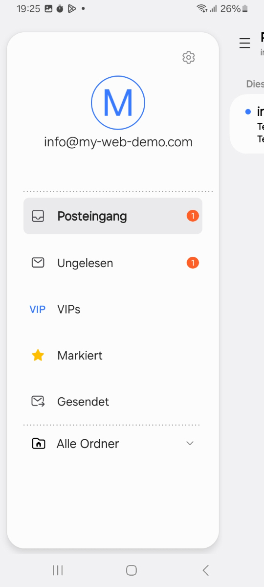 Posteingang der Samsung E-Mail App mit Hinweis auf eine neu eingegangene Nachricht