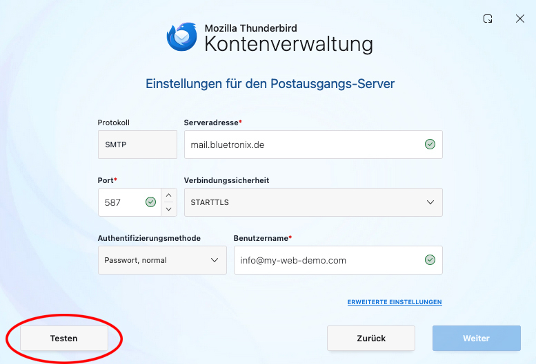 Thunderbird-Kontoeinrichtung mit manuell eingetragenen SMTP-Daten für den Postausgang und der Schaltfläche Testen