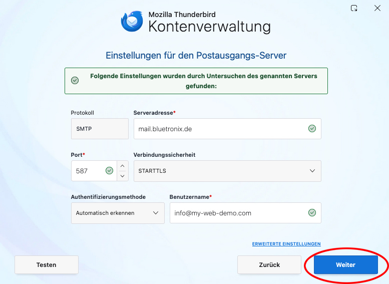 Thunderbird-Kontoeinrichtung nach erfolgreicher Prüfung der eingetragenen Serverdaten