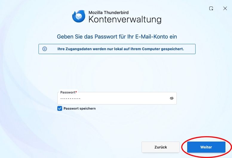 Thunderbird fragt nach dem Passwort für das eingerichtete E-Mail-Konto