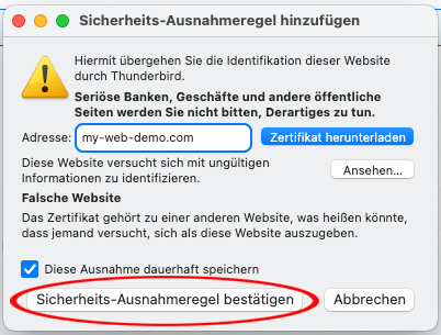 Thunderbird-Sicherheitsmeldung mit der Möglichkeit, eine Sicherheits-Ausnahmeregel zu bestätigen