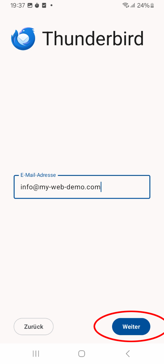 Eingabe der E-Mail-Adresse in Thunderbird auf Android