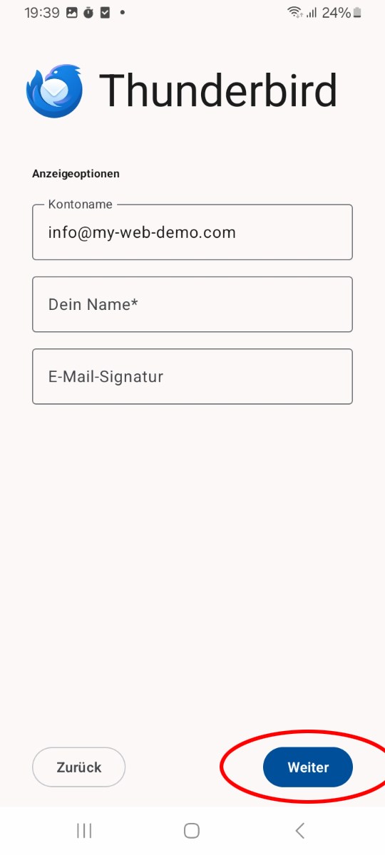 Anzeigeoptionen in Thunderbird mit Kontoname, Name und E-Mail-Signatur