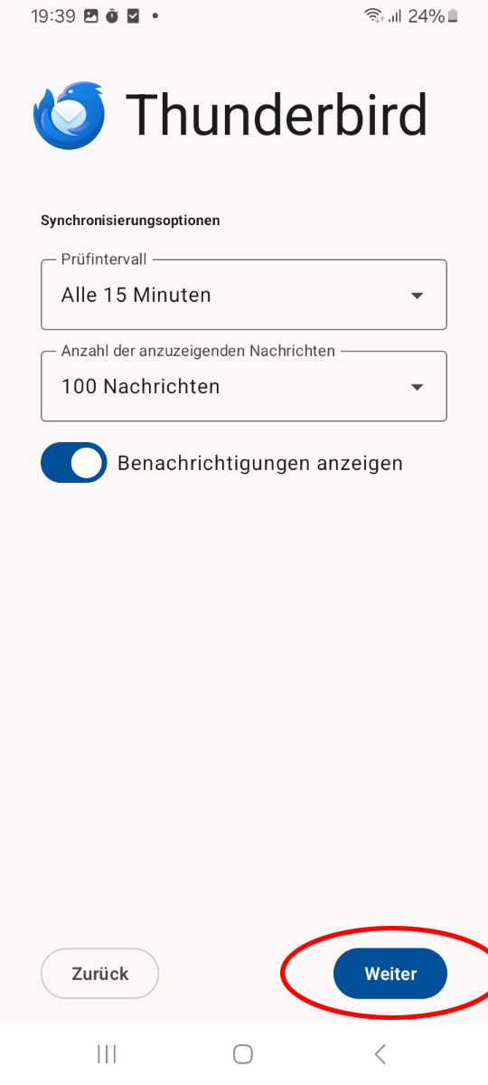 Synchronisierungsoptionen in Thunderbird auf Android