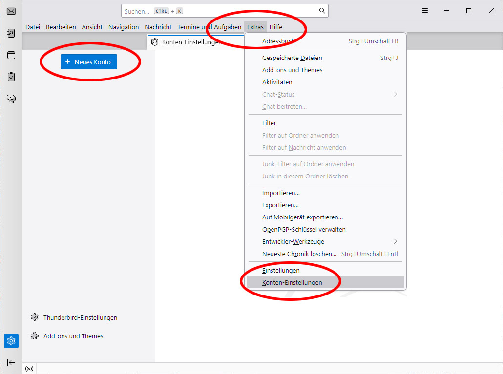 Thunderbird Konten-Einstellungen auf Windows mit dem Button Neues Konto