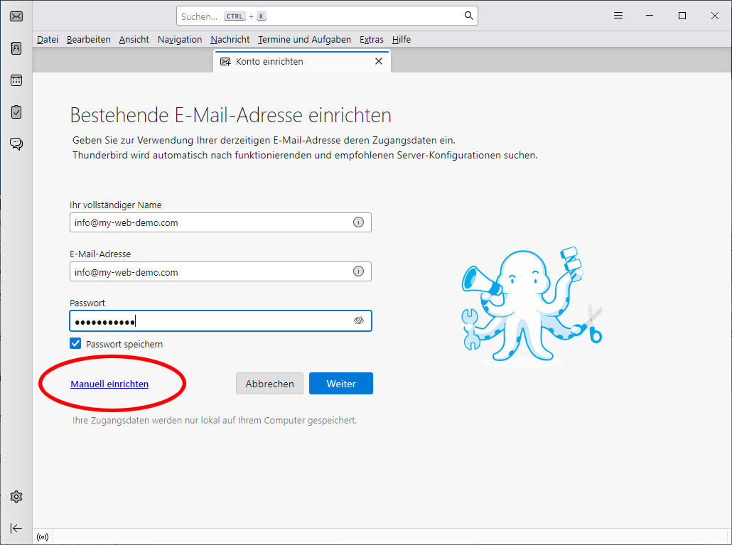 Thunderbird auf Windows mit Eingabefeldern für Name, E-Mail-Adresse und Passwort sowie dem Link Manuell einrichten
