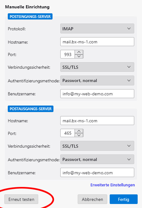 Manuelle Einrichtung in Thunderbird auf Windows mit IMAP- und SMTP-Daten sowie dem Button Erneut testen